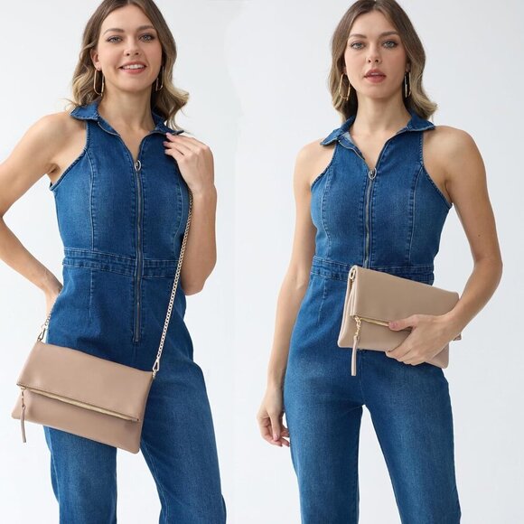 Vegan Leather Clutch Crossbody Bag Zipper Foldover with Chain Strap Women - Picture 7 of 7